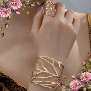 Bangle bracelet‎ & Ring set Metal Leaf Design gold color